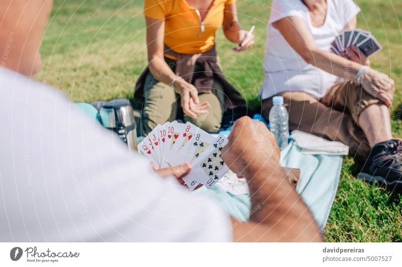 Unbekannte erwachsene Familie beim Kartenspielen während eines Ausflugs unkenntlich Erwachsener Picknick Postkarte Schüreisen Senior Hand Zusammensein Eltern
