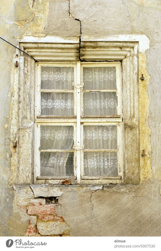 altes Holzfenster mit Gardinen in einem maroden Haus mit Rissen in der Wand Fenster Wohnhaus lost place Vergänglichkeit Wohnraum Leerstand Wohnungsleerstand