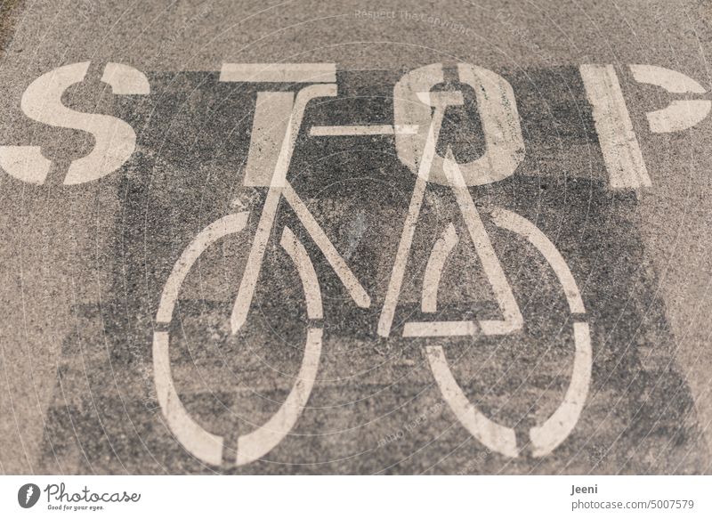 Stop für Fahrräder Fahrrad Fahrradweg Straße Fahrradfahren Verkehr Verkehrswege Mobilität halten stoppen Hinweisschild Markierung Wege & Pfade Rad Text