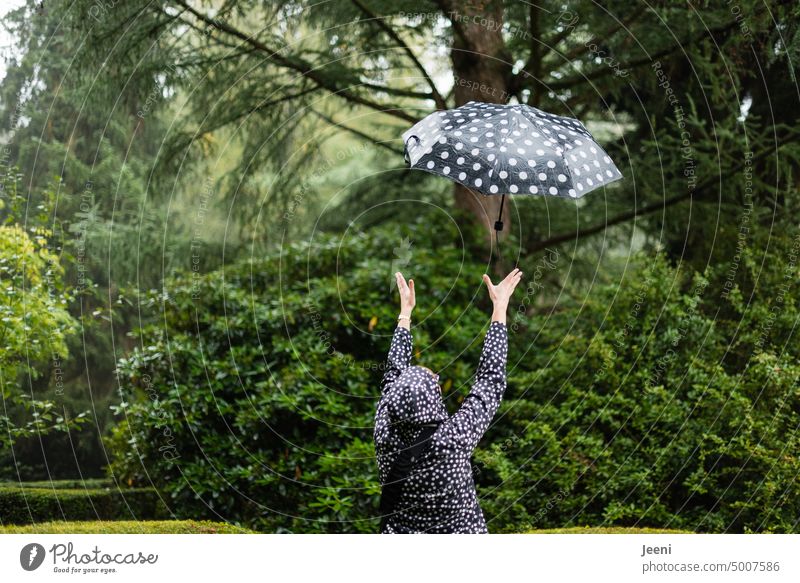 [HH Unnamed Road] Da fällt ein Regenschirm vom Himmel Frau fangen werfen Freude Mensch fliegen Glück Lebensfreude Hände greifen Wald Park Regenwetter Natur