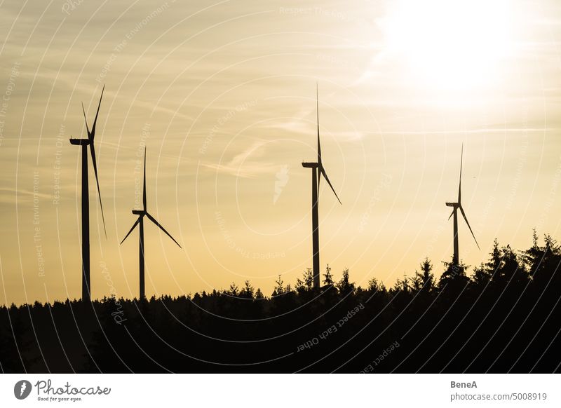 Windräder im Sonnenaufgang in einem Wald Antenne Sauberkeit Cleantech Stromrichter Land Landschaft elektrisch Elektrizität Energie Zukunft Generation Erzeuger