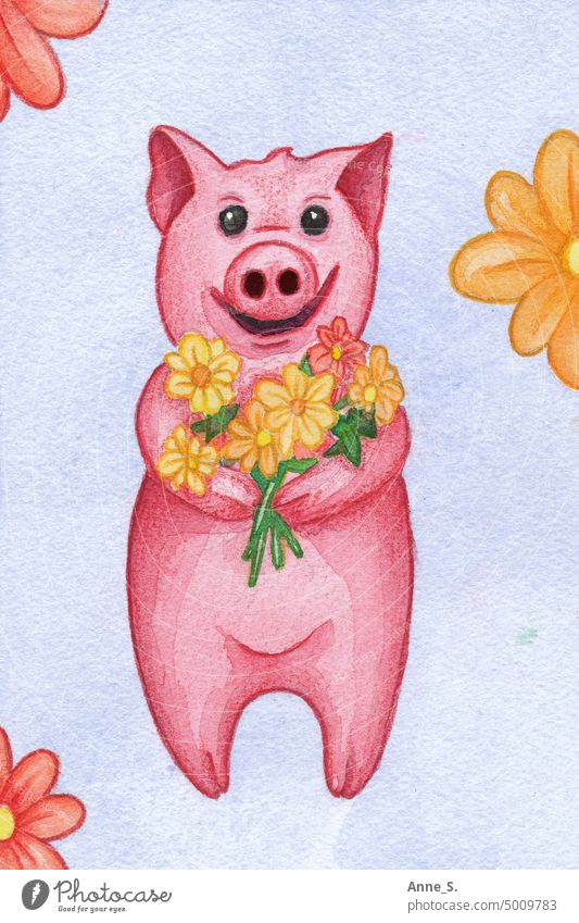 Geburtstag: Schwein mit Blumenstrauß rosa Geburtstagswunsch bunt farbenfroh Feier Kinder Feste & Feiern süß niedlich fröhlich Freude Party Kindergarten Glück