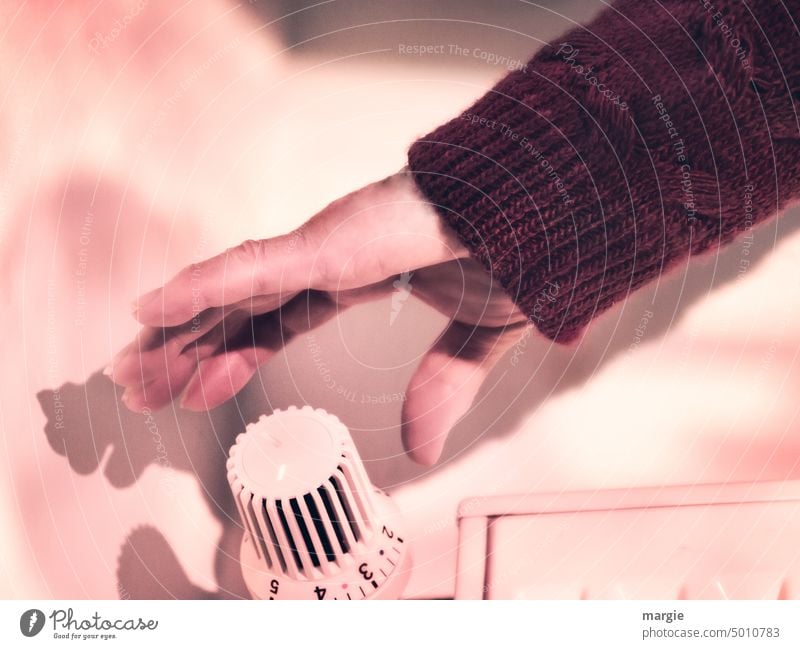 Eine Hand greift zum Heizungsthermostat Heizkörper Wärme Pullover Energie sparen Heizkosten heizen Temperatur warm kalt teuer Thermostat Gas Heizungsregler