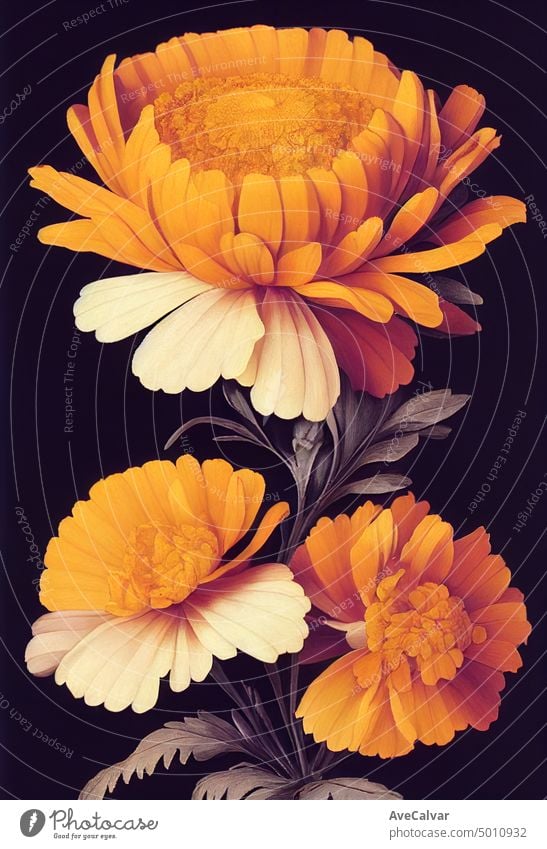 Floral realistische Malerei eines Straußes von Ringelblumen auf dunklem Hintergrund, stimmungsvolle botanische Konzept Wasserfarbe Grafik u. Illustration