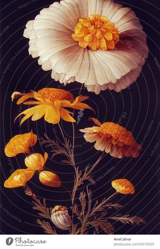 Floral realistische Malerei eines Straußes von Ringelblumen auf dunklem Hintergrund, stimmungsvolle botanische Konzept Wasserfarbe Grafik u. Illustration
