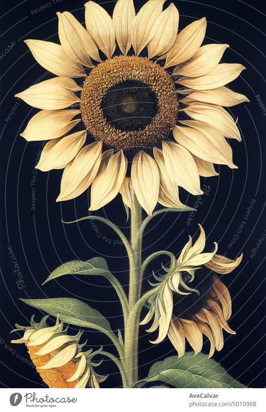 Floral realistische Malerei eines Bündels von Sonnenblumen blühen auf dunklem Hintergrund, stimmungsvolle botanische Konzept. Grafik u. Illustration Clip-Art