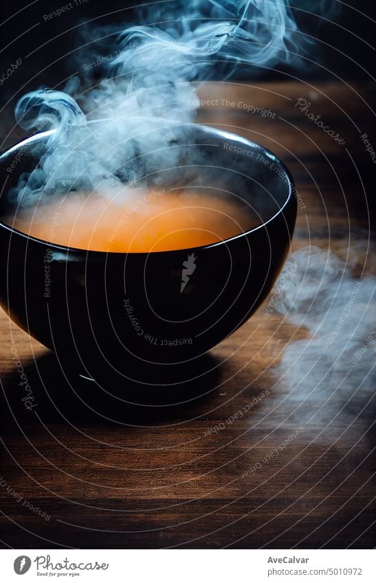 Schüssel mit heißem Dampf von heißer Suppe mit Rauch schwarzer Keramikschale auf dunklem Hintergrund heißes Essen kulinarisch Verdunstung Restaurant Licht