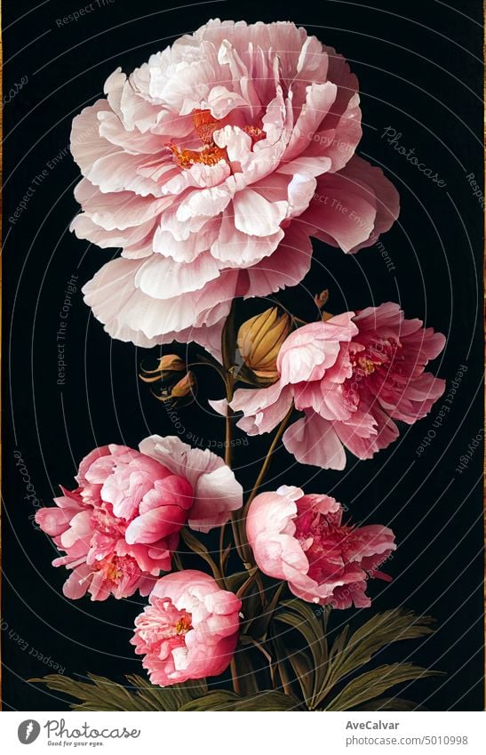 Floral realistische Malerei eines Straußes von Pfingstrose Blumen auf dunklem Hintergrund, launisch botanischen Konzept. Wasserfarbe Grafik u. Illustration