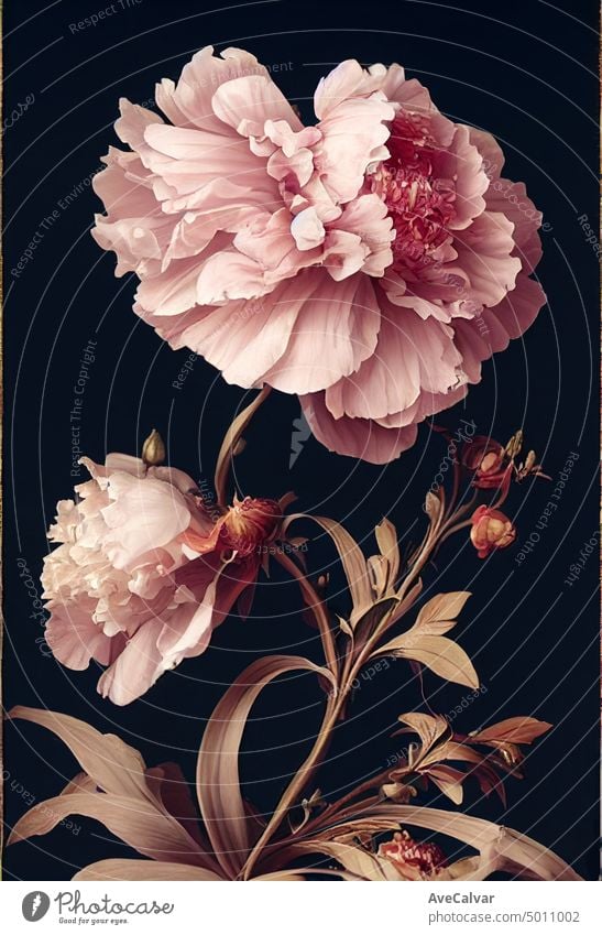 Floral realistische Malerei eines Straußes von Pfingstrose Blumen auf dunklem Hintergrund, launisch botanischen Konzept. Wasserfarbe Grafik u. Illustration