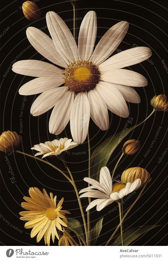 Floral realistische Malerei eines Straußes von Gänseblümchen Blumen auf dunklem Hintergrund, stimmungsvolle botanische Konzept. Stimmung Wasserfarbe Kunst