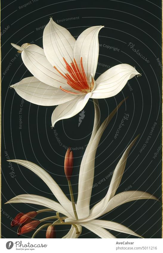 Floral realistische Malerei der Strauß der Lilie blühen Blumen auf dunklem Hintergrund, launisch botanische Konzept. Lilien Hochzeit Kunst