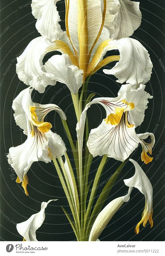 Floral realistische Malerei von Strauß Iris blühen Blumen auf dunklem Hintergrund, stimmungsvolle botanische Konzept Regenbogenhaut Wasserfarbe Blütenblatt