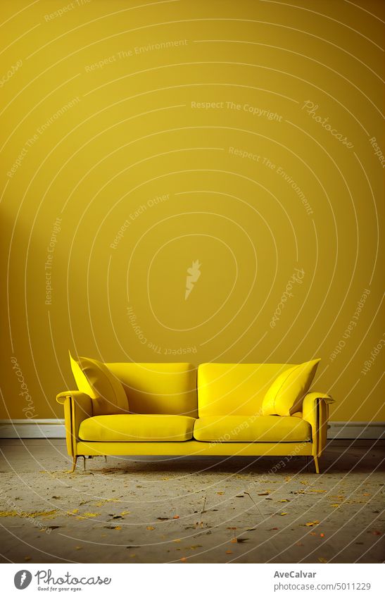 Hintergrund mit Kopierraum eines gelben Sofas vor gelbem Hintergrund auf hohen leeren Wänden. im Innenbereich lebend Raum heimwärts 3d Appartement Teppich Stuhl