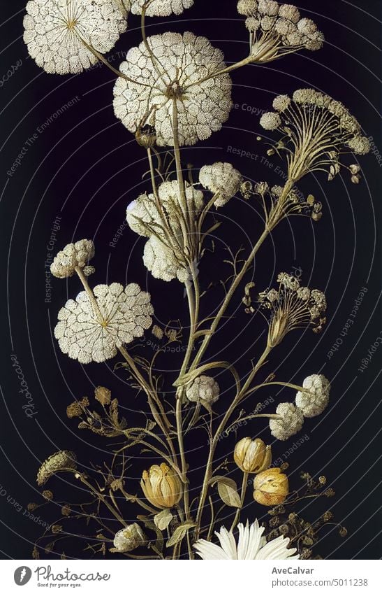 Floral realistische Malerei ein Bündel von anne's Spitze Blumen auf dunklem Hintergrund, launisch botanischen Konzept Grafik u. Illustration Wiese filigran