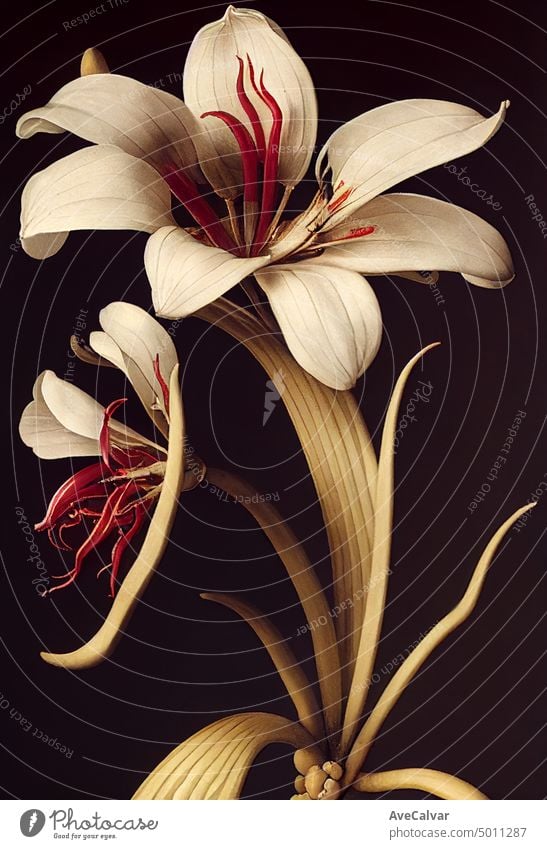 Floral realistische Malerei von Strauß Teufelskralle Blumen auf dunklem Hintergrund, launisch botanischen Konzept Grafik u. Illustration weiß künstlerisch