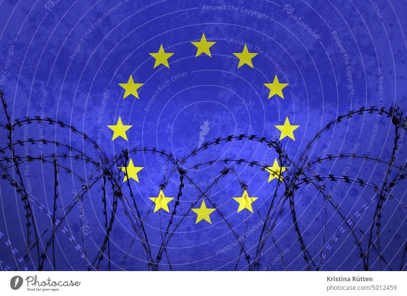 stacheldraht und eu flagge europa europäische gemeinschaft europäische union ausgrenzen abschotten symbol symbolisch sterne ausgrenzung abschottung verschließen