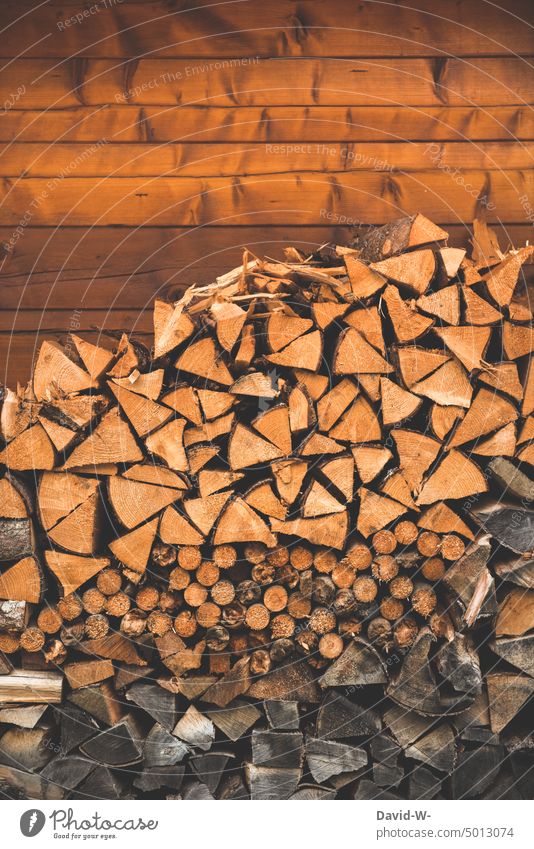 ein Stapel Brennholz vor einer Wand heizen Winter Holzvorrat Wintervorrat Holzstapel Kaminholz Kälte Vorrat