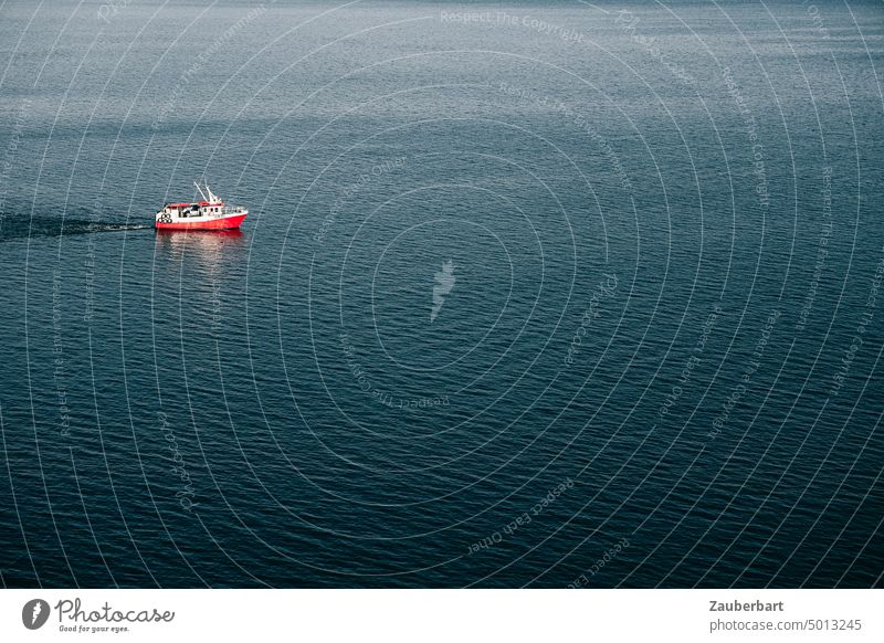 Rotes Fischerboot auf dem weiten blauen Meer rot Fischfang Seefahrt Weite Wasser Schifffahrt klein verloren Freiheit Einsamkeit frei einsam