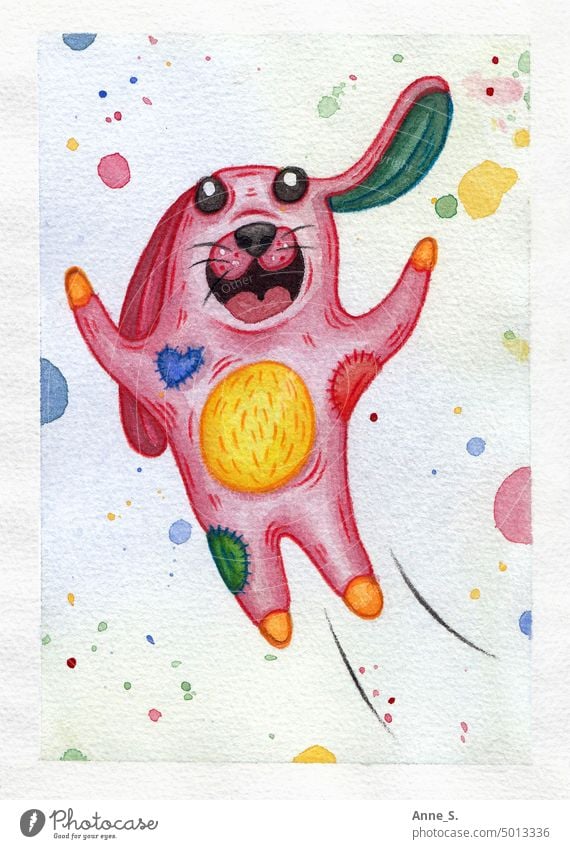 Bunter Hase rosa Hase & Kaninchen Kuscheltier illustration Aquarell aquarellfarbe Buntstifte bunt Zeichnung Kinder Freude lustig Tier Häschen gemalt gezeichnet