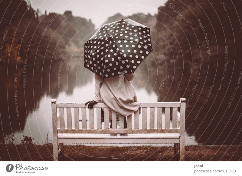 Feine Gesellschaft | [HH Unnamed Road] Dame sitzt im Regen auf der Bank am See Regenschirm gepunktet schwarzweiß Wetter Herbst Schirm melancholie Mensch Frau