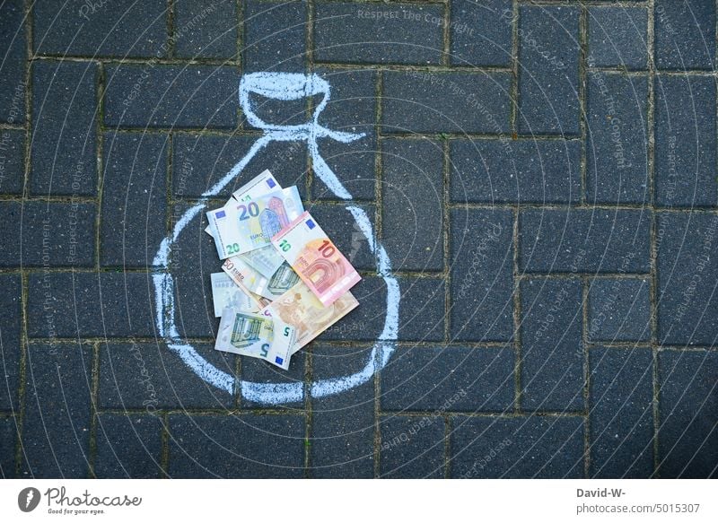 ein Sack voller Geld Euro Zeichnung Konzept Reichtum Ersparnisse sparen Beutel Geldscheine Kreide kreativ Finanzen reich Bargeld