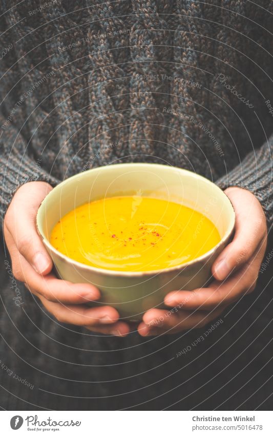 Eine Schale mit heißer Kürbissuppe in den Händen halten Vegetarische Ernährung bowl Suppenschale festhalten Zopfpullover Pullover vegan vegetarisch