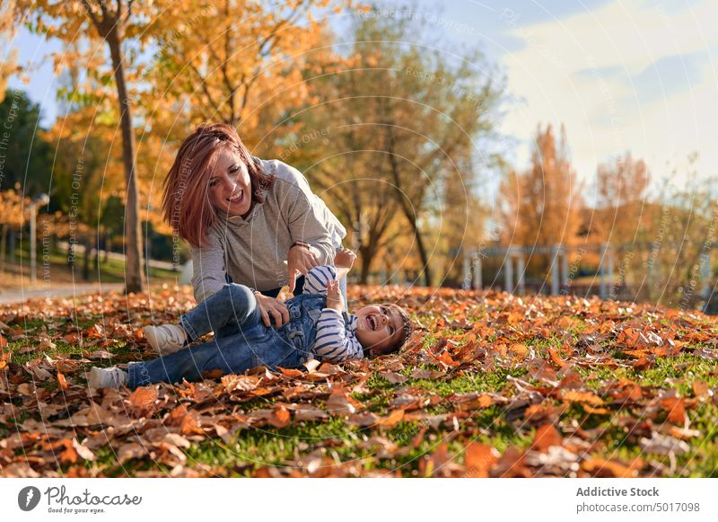 Glückliche Mutter kitzelt kleinen Sohn im Park im Herbst Kribbeln Kind Spaß haben spielen spielerisch heiter Lachen Zeit verbringen Zusammensein Eltern