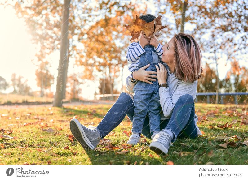 Zufriedene Mutter und Kind verbringen Zeit im Park Herbst Zeit verbringen Sohn spielen Zusammensein Eltern Mutterschaft Blatt fallen Spaß haben Kindheit Liebe