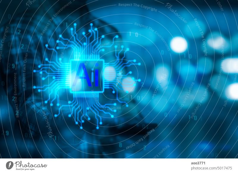 Technologie ai Hand virtuellen Bildschirm künstliche Zukunft Informationen Lernen Netzwerk Wissenschaft tech Geschäft futuristische Schnittstelle Roboter moderne Intelligenz Verbindung Innovation im Cyberspace.