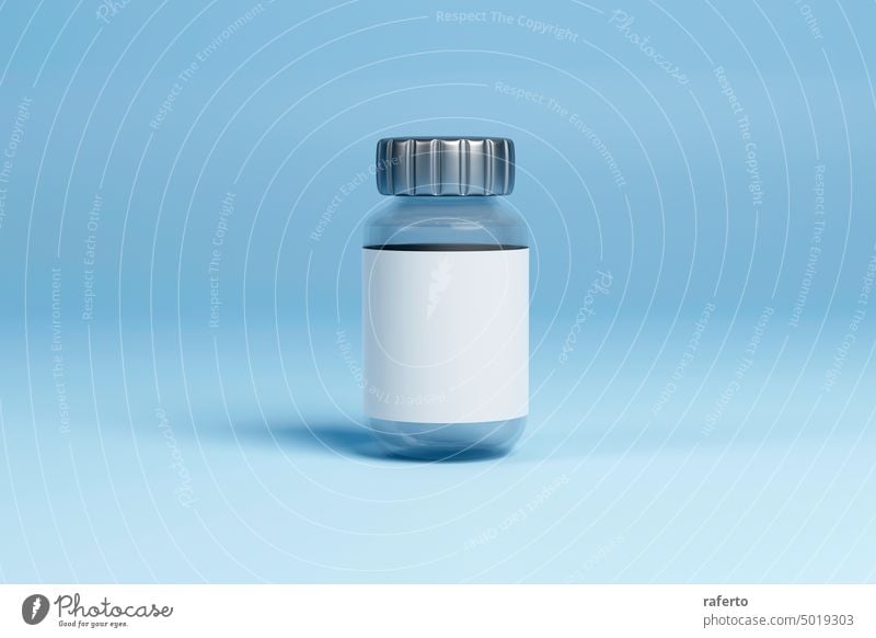 Leere transparente Plastikflasche für Pillen verpacken. 3D Render Isoliert auf blauem Hintergrund. Medizin Medikament Attrappe Paket Fleck Pharma Apotheke