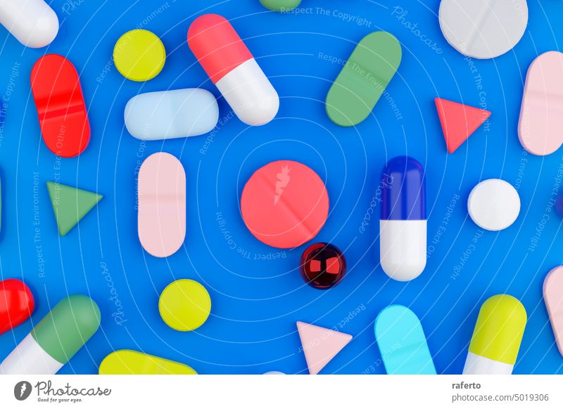 Ein Hintergrund gefüllt mit verschiedenen medizinischen Pillen und Gesundheitskapseln. 3D-Rendering Kontrolle Kosmetik entdecken Krankheit Medikament generisch