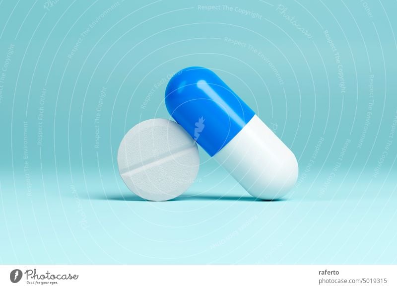 Weiße und blaue Kapsel auf einer weißen Pille auf grünem Hintergrund. 3d render Krankheit Medikament Medizin Tablette Unterstützung Chemikalie Gesundheitswesen