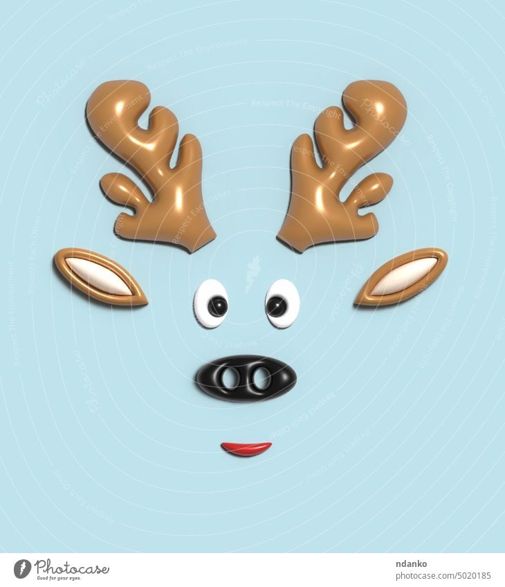 Hörner, Nase und Ohren eines Hirsches auf einem blauen Hintergrund. Weihnachts-Hirsch-Symbol, 3D-Illustration. Weihnachten Charakter Saison Rentier niedlich 3d