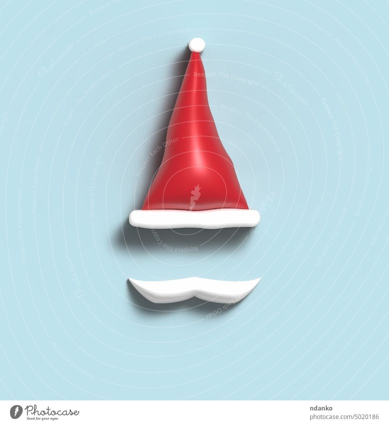 Rote Weihnachtsmannmütze mit weißen Balabons und Schnurrbart auf blauem Hintergrund. Neujahr und Weihnachten 3D Illustration Hut Feiertag rot Winter