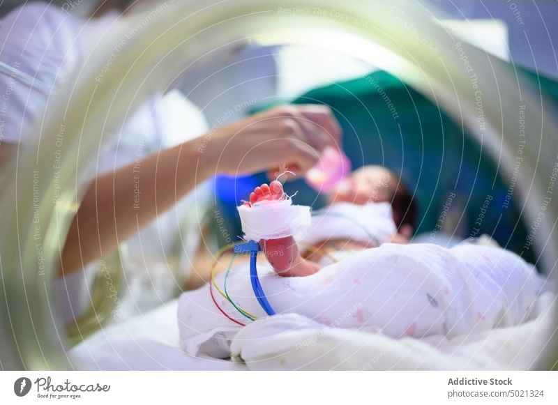 Anonyme Krankenschwester füttert Baby im Inkubator Brutkasten Krankenhaus Futter Krankenpfleger Pflege verfrüht Arbeit medizinisch Säugling Behandlung Therapie
