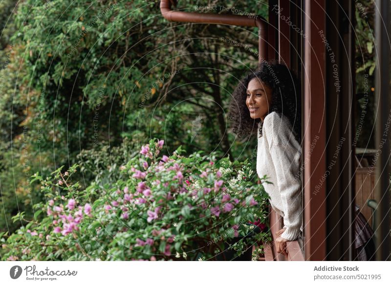 Lächelnde schwarze Frau vor üppigen Bäumen Natur Umwelt vegetieren Blume Haus Dorf genießen bewundern nachdenken Baum Strauch Flora Blütezeit Inhalt charmant