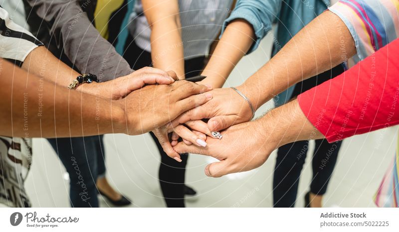 Multiethnische Kollegen reichen sich im Büro die Hände Menschen Team positiv Mitarbeiterin Teamwork Händchenhalten sich[Akk] sammeln kooperieren vielfältig