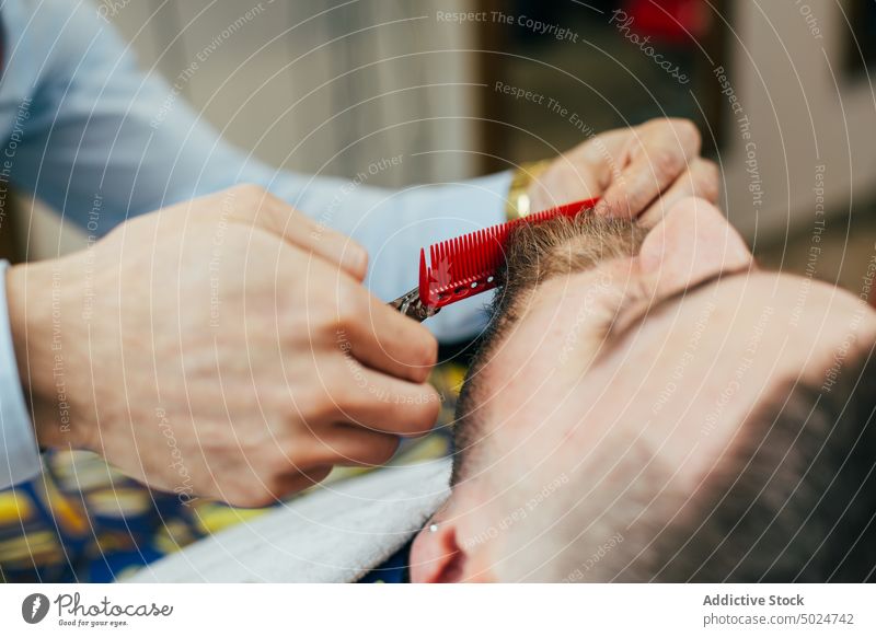 Friseur in einem Friseursalon Vollbart Schönheit Pflege Klient Schermaschine Kamm geschnitten elegant Behaarung Haarschnitt Hände Kopf im Innenbereich Lifestyle