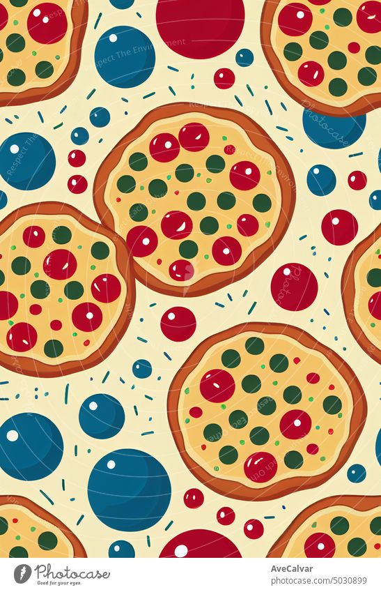 Minimal Lebensmittel Tapete mit Cartoon-Pizza 2d Hintergrund. Italienische Pasta und Pizza Konzept Lebensmittel. Karikatur Speisekarte Restaurant