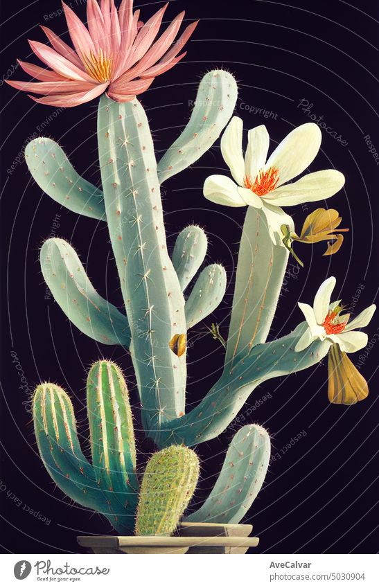 Floral realistische Malerei eines Straußes von Kaktusblüten auf dunklem Hintergrund, stimmungsvolle botanische Konzept. Grafik u. Illustration wüst Mexiko
