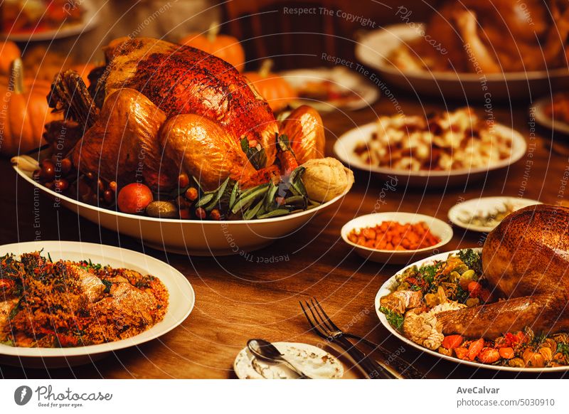 Warme Lichter über einem leckeren Truthahn, Thanksgiving-Dinner-Konzept mit Kopierraum Amerikaner Festessen Erntedankfest Salbei Federvieh feiern Festlichkeit