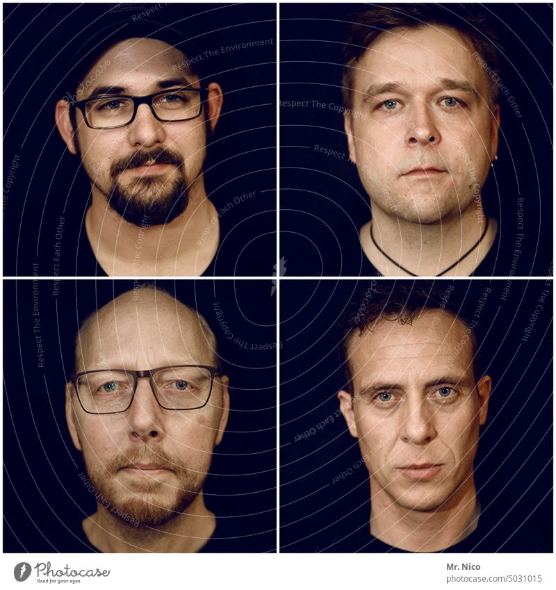 Charakterköpfe Männer Gesichtsausdruck Coolness Bart Brille vier Freundschaft authentisch Gruppe Kopf mehrere unterschiedlich männlich Porträt verschieden