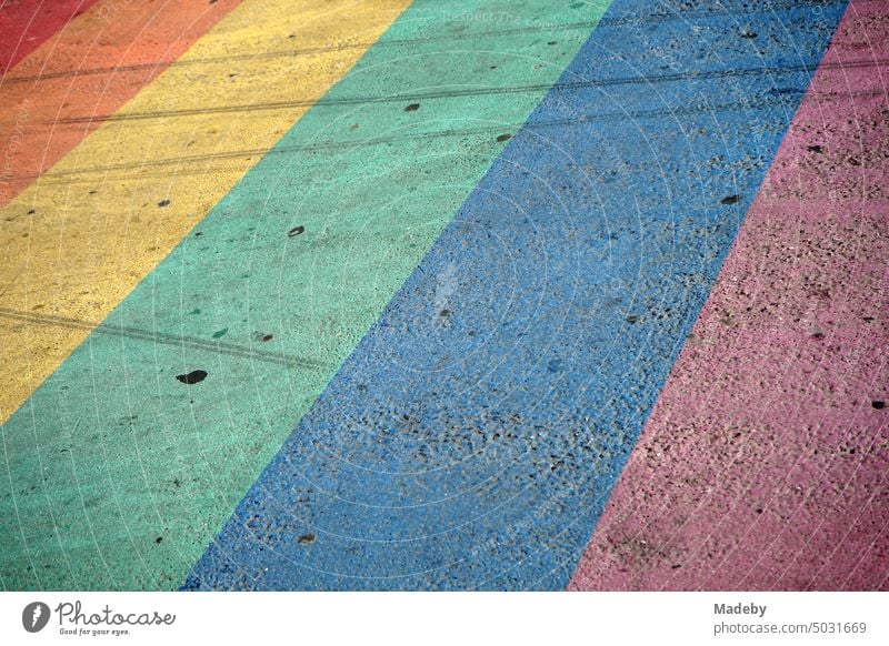 Fußgängerüberweg in den Farben der Regenbogenfahne im Sonnenschein in der Altstadt von Maastricht in der Provinz Limburg in Holland in den Niederlanden Straße