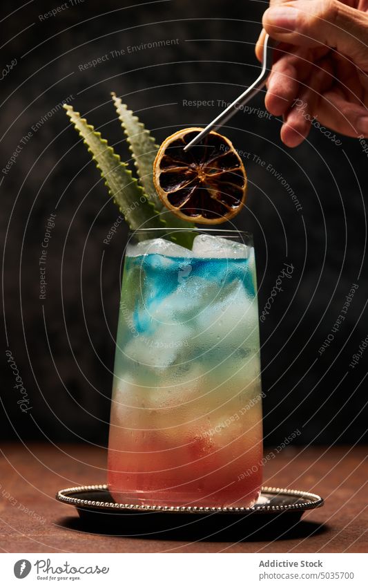 Anonyme Person bei der Zubereitung eines Regenbogen-Paradies-Cocktails, garniert mit Blättern und Orangenfrüchten Alkohol trinken Glas Blatt orange Getränk