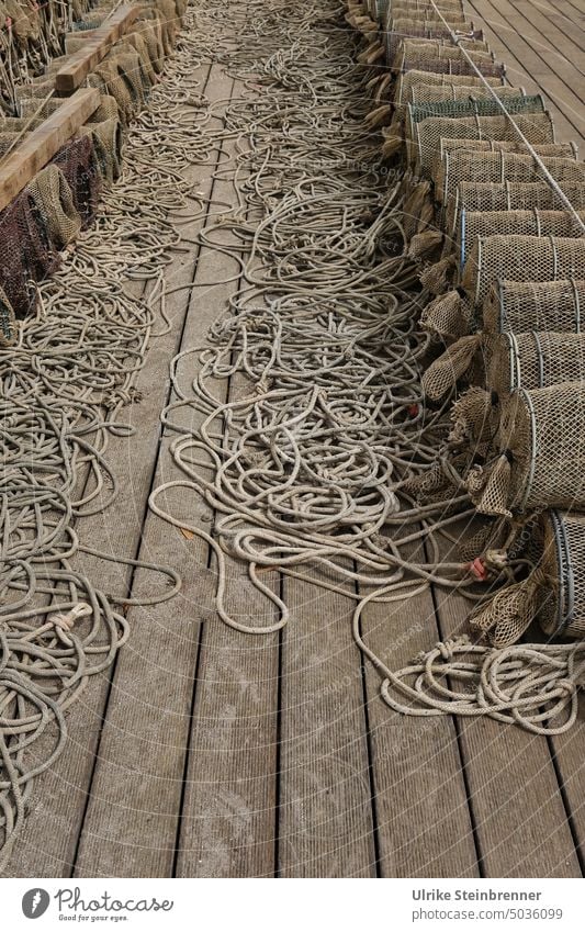 Reusen und Leinen auf Holzplanke Seile Taue Fuke Fischfang Fischen Fischerei Holzsteg Holzbohlen Steg trocknen Sardinien Fischernetz Netz Fischereiwirtschaft