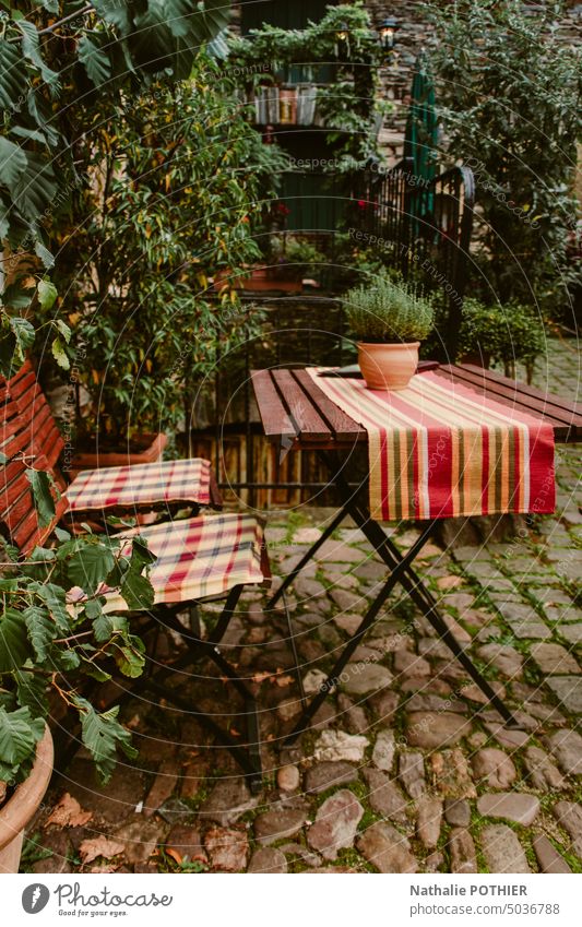 Tisch und Stuhl auf der Terrasse einer Taverne in einem Garten Lokal Gartenmöbel Gartenstuhl Sitzgelegenheit Biergarten Restaurant Außenaufnahme Café Pflanze