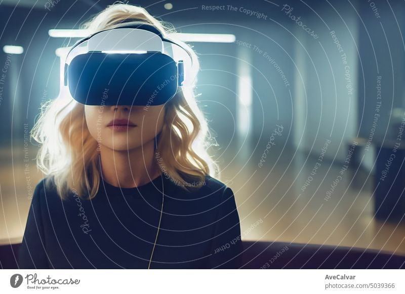 Eine blonde Frau, die ein VR-Headset trägt, um das zukünftige Metaverse zu erkunden. Verbindungskonzept, Kopierraum Person Technik & Technologie horizontal