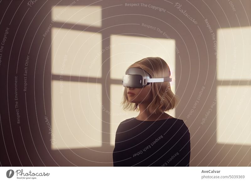 Eine blonde Frau, die ein VR-Headset trägt, um das zukünftige Metaverse zu erkunden. Verbindungskonzept, Kopierraum Person Technik & Technologie horizontal