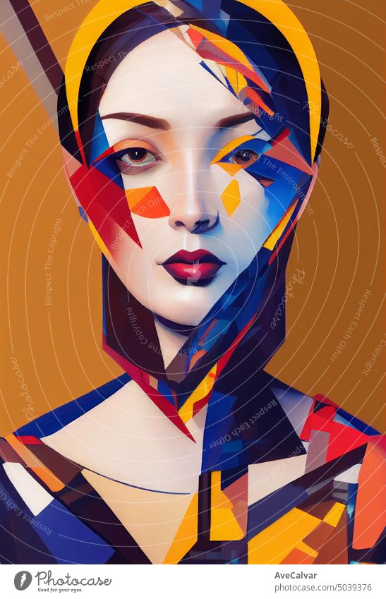 Geometrische Illustration einer Frau in mehreren Farben, die Zukunft ist Frau Kunststil. Person Grafik u. Illustration Geometrie Dame geometrisch abstrakt