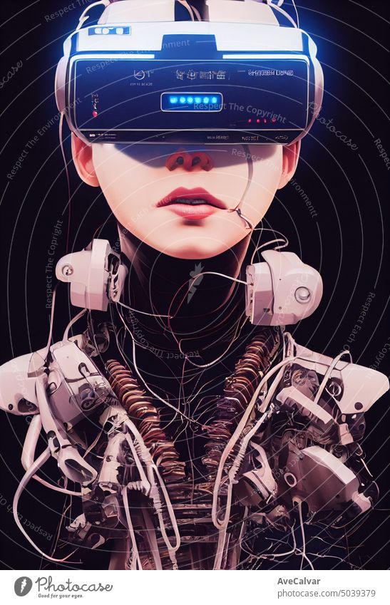 Cyborg Mädchen mit Virtual-Reality-Headset, viele Kabel, Schläuche, Schrauben, Schlitze, Sonden, AI Generated Art Person cyber Zukunft futuristisch Spieler